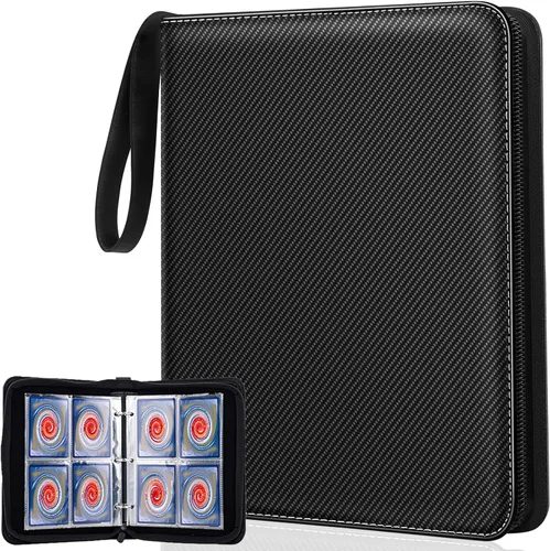 Jravkfi Carpeta de tarjetas con 4 bolsillos con 50 fundas extraíbles, puede contener 400 tarjetas, libro deportivo con 3 anillos con cremallera es