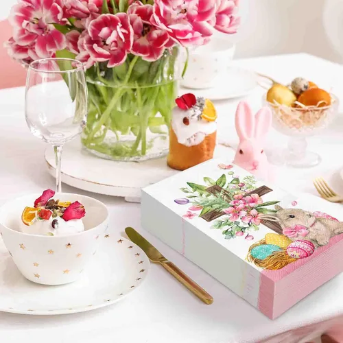 Miniatura 5 de Whaline 80 hojas de servilletas de papel desechables de Pascua con diseño floral de huevo de conejo, flores, cena, servilletas de mano