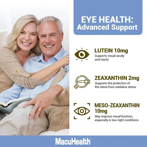 Macuhealth Vitaminas para los ojos Plus+ con luteína, zeaxantina y meso-zeaxantina combinadas con vitamina C liposomal de 1000 mg con antioxidantes
