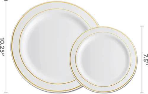Miniatura 2 de Juego de vajilla dorada de 125 piezas, 50 platos de plástico con borde dorado, 25 platos de cena, 25 platos de postre, 25 cuchillos, 25 tenedores