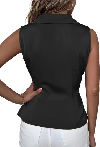 Miniatura 2 de Rooscier Blusa de satén con cuello en V para mujer, sin mangas, asimétrica, elegante, sin mangas