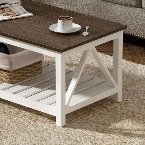 Miniatura 6 de Mesa de café ChooChoo Farmhouse, Mesa rústica vintage para sala de estar con estante, 47 blanco
