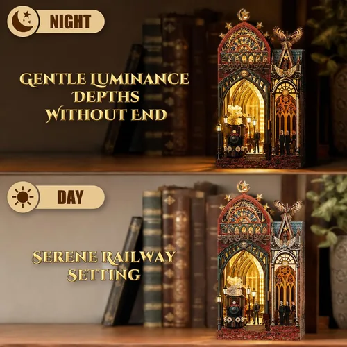 Miniatura 6 de Rompecabezas de madera 3D, kit de rincón de libro, estación de tren mágico con luces LED y música, kits de rompecabezas de madera en miniatura