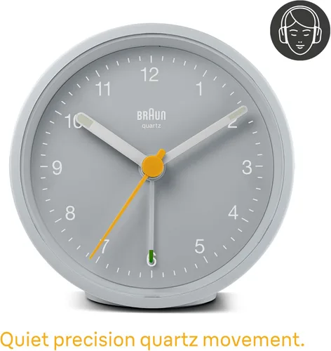 Miniatura 5 de Braun Classic - Reloj despertador analógico con repetición y luz, movimiento silencioso de cuarzo, alarma de pitido creciente en gris, modelo BC12G.