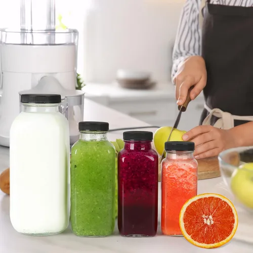 Miniatura 6 de Botellas de jugo de vidrio de 8 onzas con tapas, paquete de 6, botellas de vidrio reutilizables, tarros de agua de 8.5 fl oz para leche, jugos