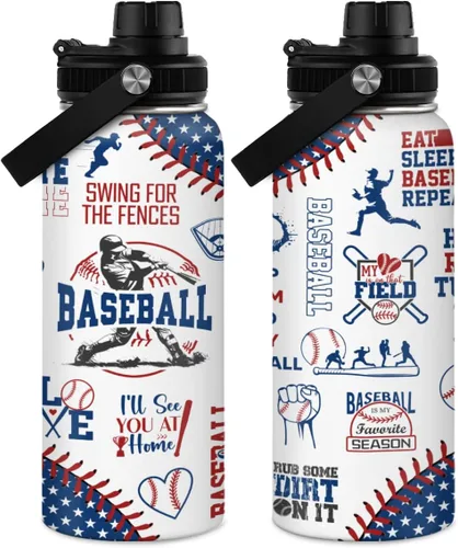 Botella de agua de béisbol – Botellas deportivas aisladas de acero inoxidable de 32 onzas con tapa – Hombres amantes del béisbol jugador aficionado