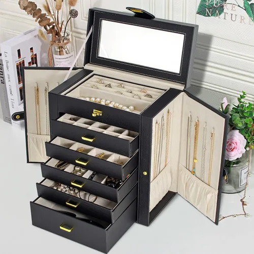 Miniatura 7 de AKOZLIN Joyero grande organizador funcional con cerradura con espejo grande, estuche de almacenamiento de joyas de cuero para mujeres y niñas