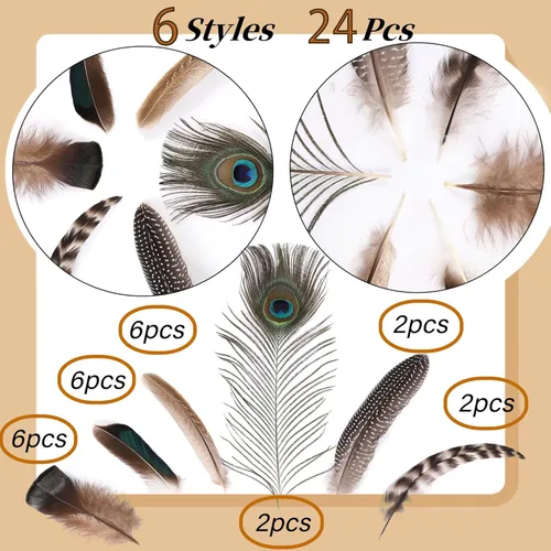 Miniatura 3 de Holmgren 24 piezas de plumas naturales al por mayor - 6 estilos surtidos de pavo real, faisán, pavo para manualidades, joyería DIY, sombreros