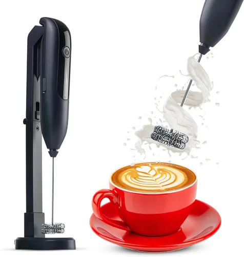 Espumador de leche inalámbrico recargable de mano con soporte para arte con leche, batidor doble pequeño, espumador de leche, espumador de café de