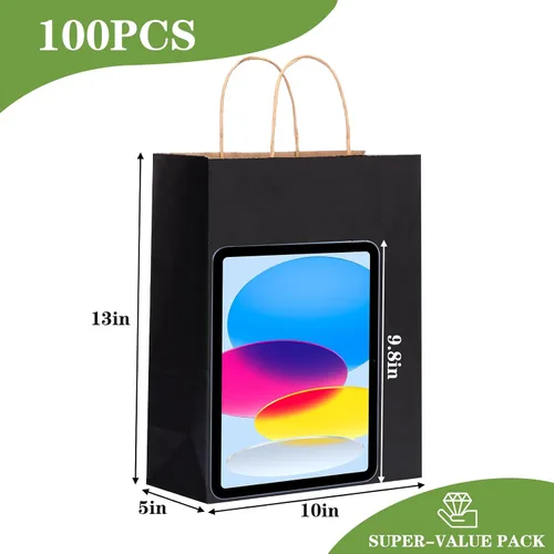 Miniatura 2 de OUTUXED 100 bolsas de papel negro de 10 x 5 x 13 pulgadas, bolsas de regalo de papel kraft grandes con asas a granel para negocios, compras
