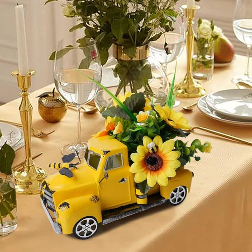 Miniatura 3 de Decoración de camión de metal de granja con suculentas artificiales, camioneta de hierro rústico con maceta sintética extraíble para decoración