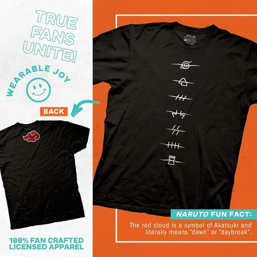 Miniatura 5 de Ripple Junction Naruto Shippuden - Camiseta para hombre con símbolos anti-aldea Akatsuki Red Cloud Front & Back Anime con licencia