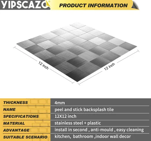 Miniatura 7 de Yipscazo Azulejos de mosaico de acero inoxidable con aspecto de metal para cocina, cocina, baño, lavandería (11.8 x 11.8 pulgadas)