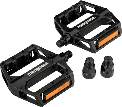 Mongoose Pedales de bicicleta de montaña, negro, juego de 2, aleación ligera y duradera que soporta una conducción resistente, con reflectores, se