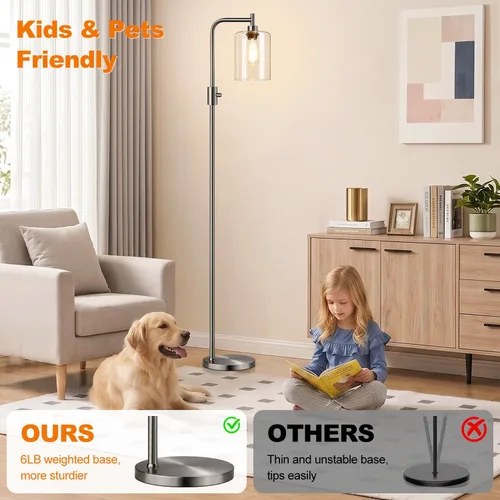 Miniatura 5 de 【Actualizada】Lámpara de pie regulable para sala de estar con pantalla de cristal, lámpara de pie moderna de níquel cepillado con bombilla LED de 900