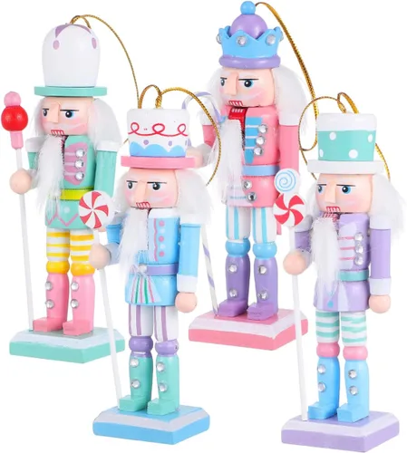 Amosfun 4 adornos de cascanueces de madera – 4.7 in de alto soldado cascanueces figuras pastel cascanueces adorno colgante de árbol