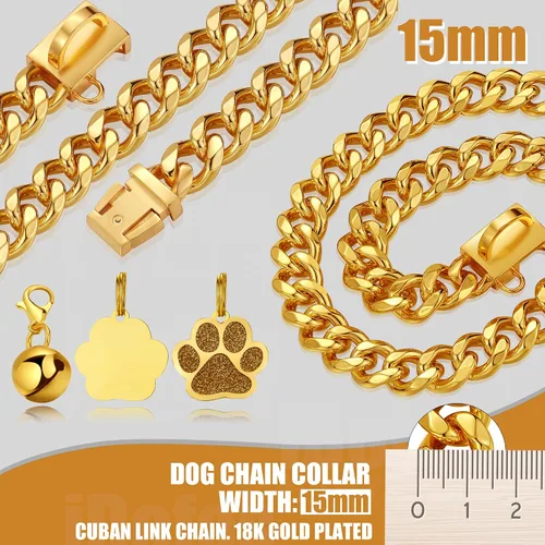 Miniatura 3 de Collar de cadena para perro de 0.59 pulgadas/0.79 pulgadas de grosor, con hebilla de liberación rápida, collar de cadena de oro de 18 quilates