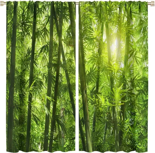 Miniatura 71 de Cortinas con estampado de bambú, tallos y hojas de bambú, temática oriental natural, oscurecimiento de habitación, ventana, ventana, cortina