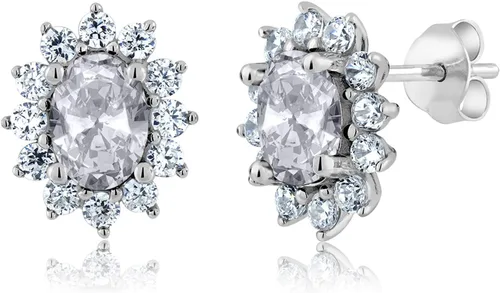 Miniatura 105 de Gem Stone King Aretes ovalados de plata de ley 925 de 0.276 x 0.197 in con piedra natal de la princesa Diana, estilo halo real para mujeres