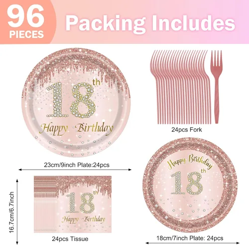 Miniatura 2 de Decoraciones de cumpleaños número 18 para niñas, platos y servilletas de oro rosa, suministros de fiesta de papel rosa para mujeres, juego de 96