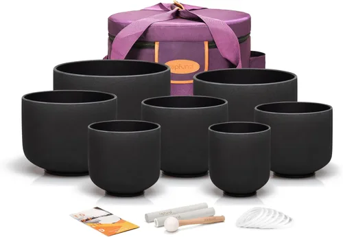 TOPFUND Juego de 7 cuencos de cristal negro de 6 a 12 pulgadas con fundas de transporte y mazos resistentes