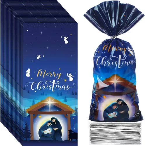 Funrous Paquete de 100 bolsas de regalo de celofán de la Santa Natividad, bolsa de plástico religiosa de Navidad, bolsas de regalo de violonchelo