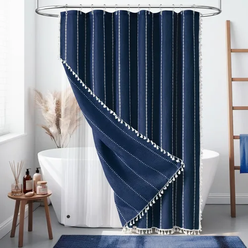 Miniatura 40 de BTTN - Cortina de ducha bohemia para cubículo de 36x72 - Juego de cortina de lino estrecha ultra gruesa con rayas y borlas, con 6 ganchos, cortinas