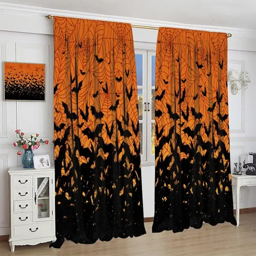 Miniatura 4 de Cortinas de Halloween naranja y negro de telaraña para sala de estar y dormitorio, decoración de panel de cortina de puerta para decoración