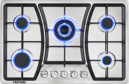 Placa de cocina de gas de 30 pulgadas, 5 quemadores, estufa de gas, estufa de acero inoxidable, 5 quemadores sellados, rejillas de hierro fundido,