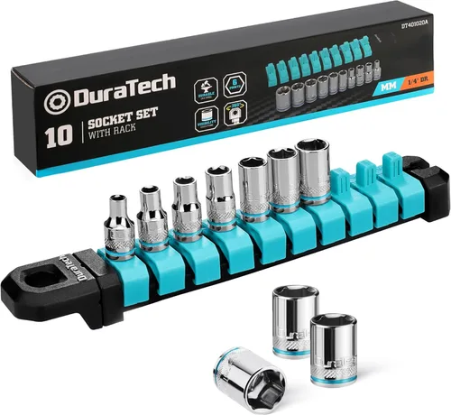 DURATECH Juego de llaves de 1/4", juego de llaves métricas de 10 piezas, juegos de llaves métricas para mecánicos con estante de almacenamiento,
