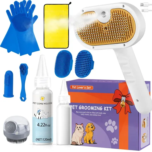 Miniatura 11 de Juego de cepillos de vapor para mascotas 3 en 1 para perros y gatos, peine de aseo con aerosol, herramienta de desfurado, depilación asistida por