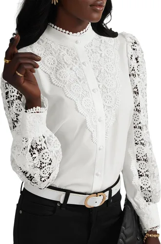 Miniatura 12 de Rooscier Blusa Elegante de Encaje de Crochet con Cuello Alto Simulado de Manga Larga con Botones para Mujer Top