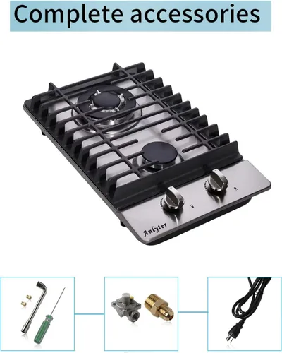 Miniatura 7 de Estufa de Gas de 12 Pulgadas, 2 Quemadores Integrados Tope de Estufa de Gas de Acero Inoxidable LPG/NG Convertible de Combustible Dual Placa de Gas