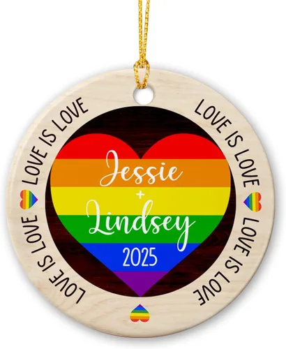 Miniatura 8 de All for Love - Adorno de cerámica LGBT arcoíris para Navidad 2025, adorno de Navidad personalizado para parejas, orgullo gay/lesbiano, adorno
