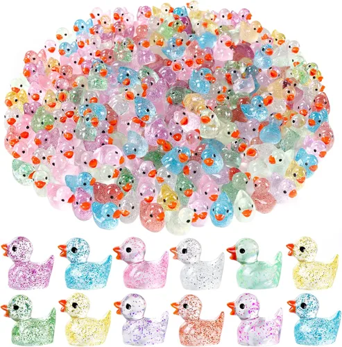 DULEFUN 100 piezas mini patos con purpurina coloridos pequeños de resina para ocultar figuras de animales de plástico para casa de muñecas, micro