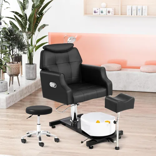 Miniatura 2 de OmySalon Silla de pedicura con taburete y baño de pies de masaje de burbujas, rotación de 360°, asiento hidráulico ajustable, estación Pedi
