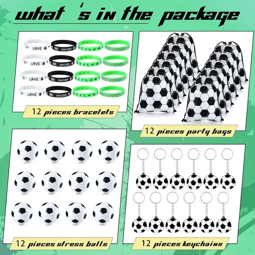 Miniatura 2 de Nuogo - Juego de 48 piezas de regalos de fútbol, regalos de fútbol, 12 piezas, bolsas de regalo, pulseras, mini bolas antiestrés, llavero