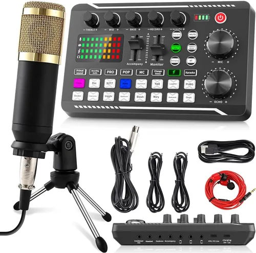 Miniatura 8 de Facmogu Mezclador de audio con tarjeta de sonido en vivo F998, interfaz de audio de podcast con efectos de mezclador de DJ, cambiador de voz