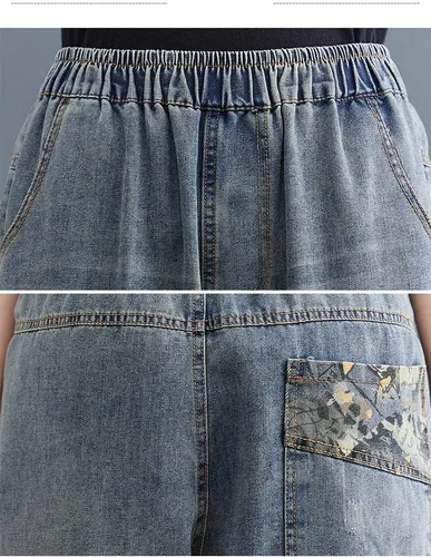 Miniatura 6 de LAI MENG FIVE CATS Pantalones vaqueros sueltos para mujer, pantalones harén con cintura elástica con bolsillo