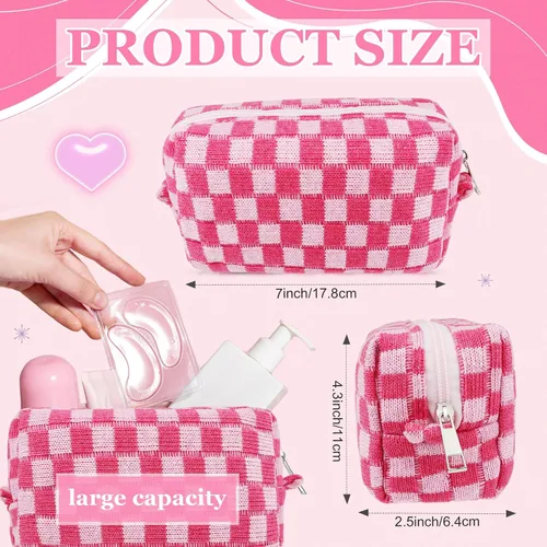 Miniatura 3 de Set de bolsa de maquillaje a cuadros Preppy con 7 pulseras Heishi y 50 pegatinas rosas, linda bolsa de viaje para cosméticos, regalos perfectos
