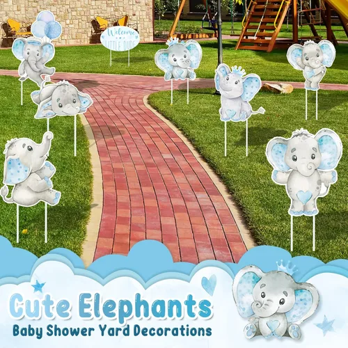 Miniatura 6 de Fumete 8 carteles para baby shower para niño, elefante, bienvenida, bosque, fiesta de género, con estacas para "It's a boy", decoración de césped al