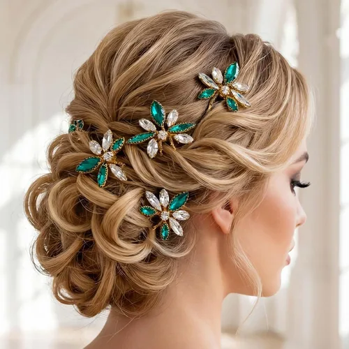 Miniatura 6 de Yokawe Horquillas para el pelo de boda con diamantes de imitación, horquilla de novia con purpurina de cristal verde, elegante tocado formal