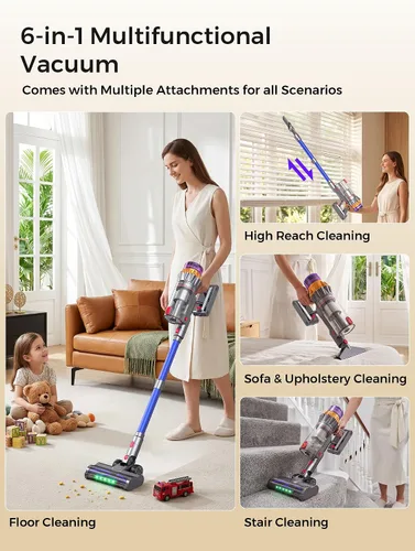 Miniatura 5 de Aspiradora inalámbrica, 600 W/55 Kpa 70 minutos con cepillo antienredos y pantalla táctil, aspiradoras 6 en 1 para el hogar, suelos de madera dura