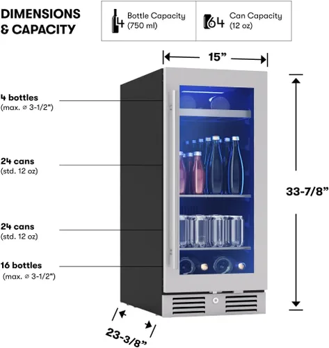 Miniatura 3 de Zephyr Presrv - Refrigerador delgado de vino y bebidas de 15 pulgadas, zona única bajo encimera, mini enfriador de vino estrecho, pequeño gabinete