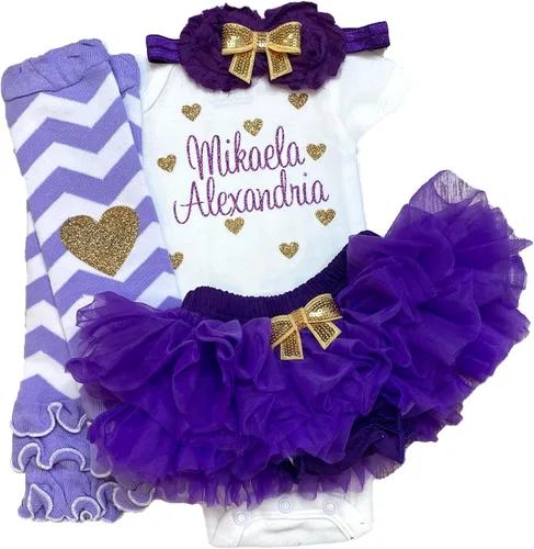 Miniatura 9 de Traje personalizado de baby girl para baby shower, con nombre personalizado con purpurina y corazón, tutú con diadema y calentadores de piernas