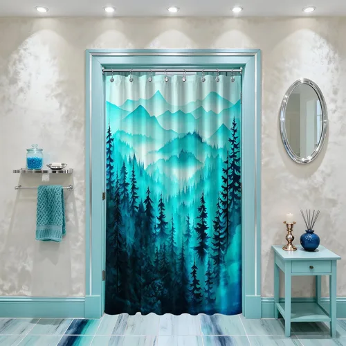 Miniatura 27 de Cortina de ducha azul marino de bosque Cortina de ducha azul oscuro de montaña y naturaleza para decoración de baño de hombres, tela impermeable