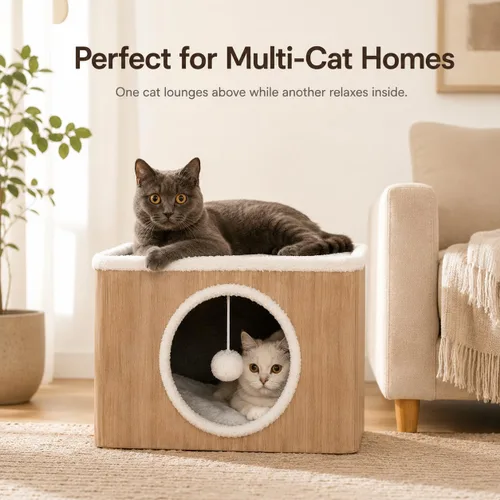 Miniatura 5 de Casa de condominio para gatos con cojines reversibles y bola esponjosa colgante, cubo plegable para gatos, cama cueva grande para gatitos