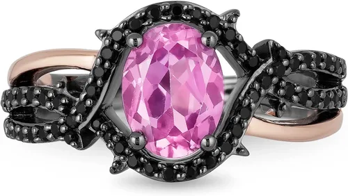 Miniatura 3 de Jewelili Enchanted Disney Fine Jewelry - Anillo de oro rosa de 14 quilates sobre plata esterlina con rodio negro ovalado zafiro rosa creado y 14