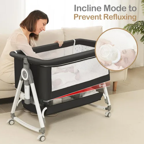 Miniatura 6 de Cuna para bebé, moisés junto a la cama, cuna de 4 en 1 con ruedas con cerradura, mosquitera, cuna portátil plegable ajustable para recién nacido
