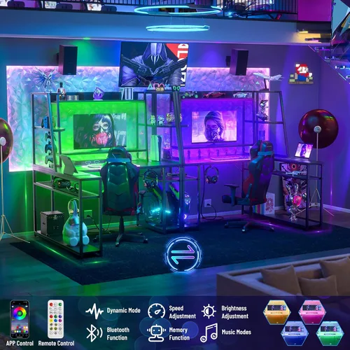 Miniatura 7 de armocity Escritorio para juegos en forma de L con gabinete y estantes, tiras de alimentación de luces LED de computadora de 47 pulgadas